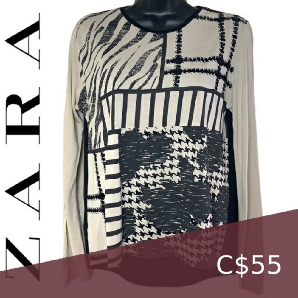 Zara W/B Collection Black Beige Contrast Long-Sleeve T-shirt